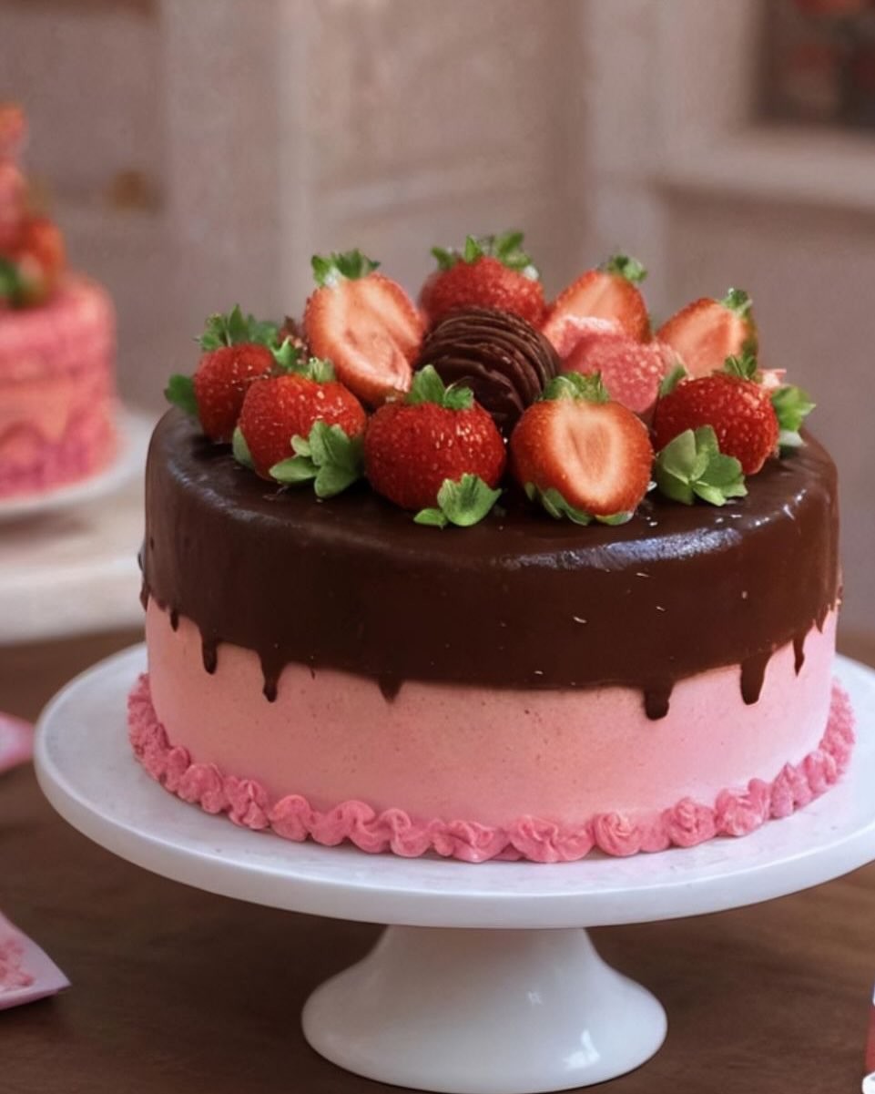 Bolo drip cake rosa com chocolate escorrendo e morangos frescos no topo, sobre suporte branco