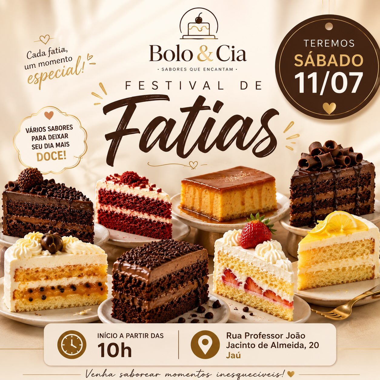 Seleção de fatias de bolo do Festival de Fatias da Bolo & Cia